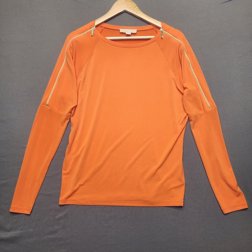 Michael Kors Orange Gold Zipper Shoulder Top M Modern Career Chic Quiet Luxury